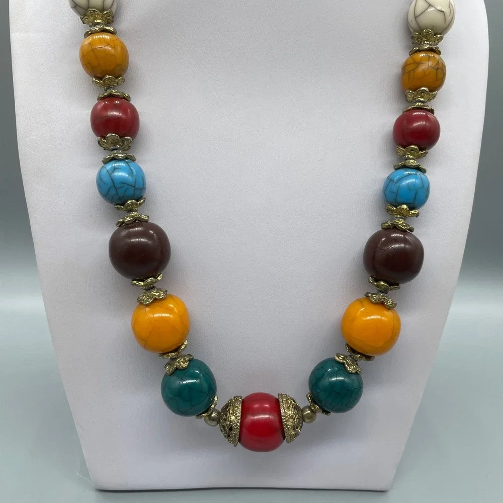 Boho Chunky Multi Color Bead Necklace Brass Filigree Statement 22 Inch Vintage‎
